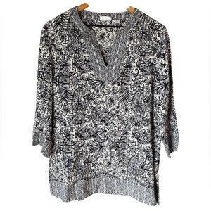 Sigrid Olsen 100% Linen Navy White Paisley Floral Tunic Shirt Women’s Size M
